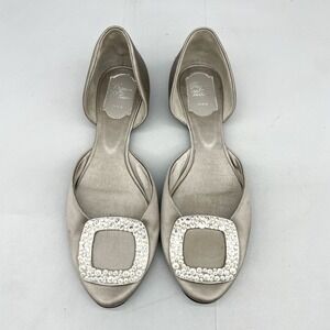 Roger Vivier Chips Grey Satin DOrsay Flats Crystal Buckle Womens 37 7 Shoes